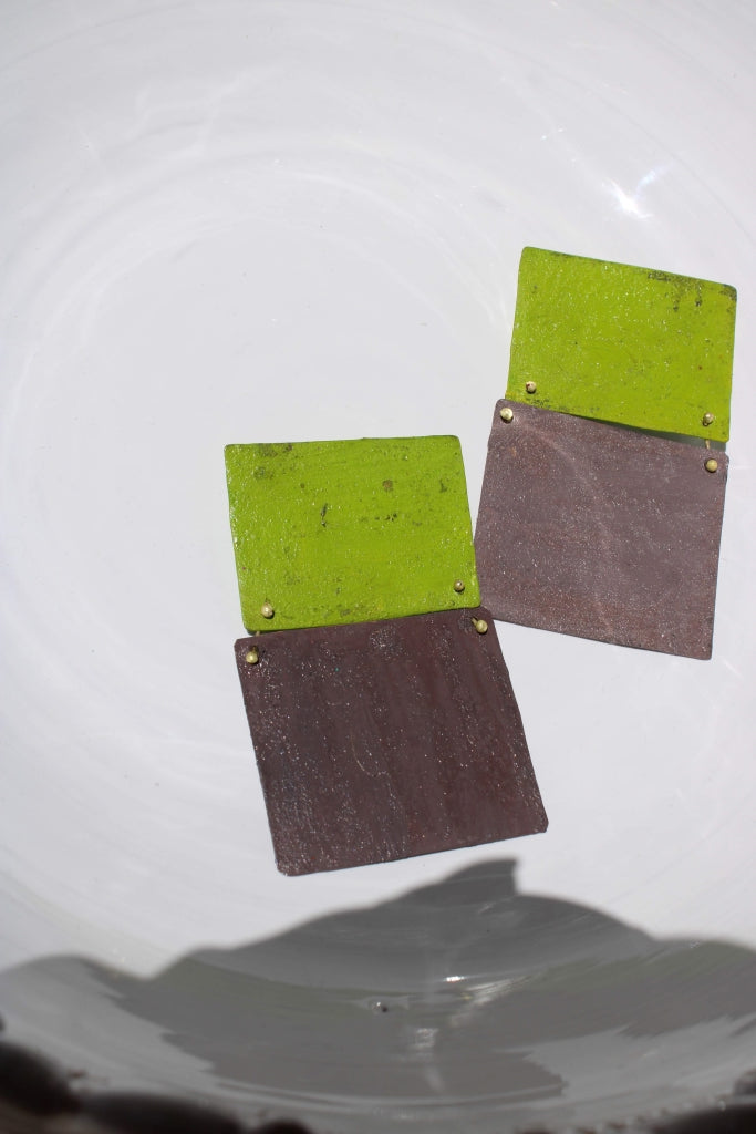 T.E.D. Rothko Earrings in Grass Green and Elephant